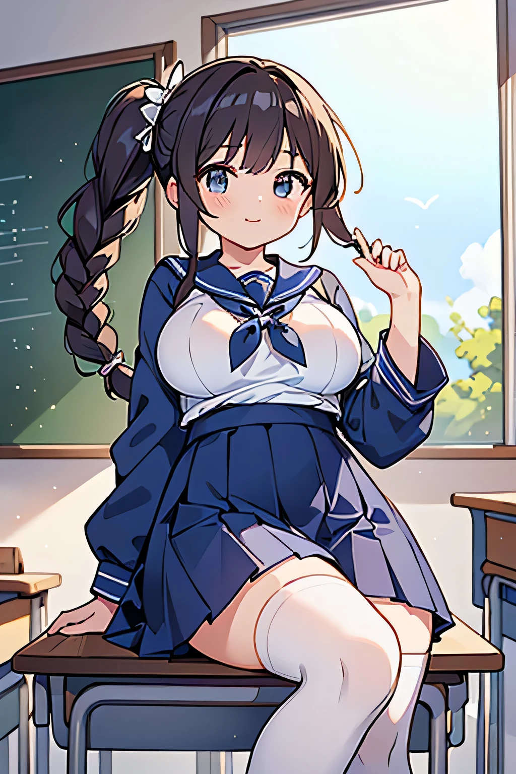 Highest quality、High resolution、Detailed Background、(Beautiful face in every detail:1.4)、Anatomically correct、(Highly detailed face:1.2)、Detailed eyes、 beauty、(Huge breasts:1.2)、Perfect body line、Braided Ponytail、Navy blue sailor suit、White sailor collar、Navy blue pleated skirt、White Stockings、Attractive thighs、Looking at me with a happy expression、Accentuate your breasts、Accentuate your cleavage、
(View from below of sitting at desk in classroom:1.5)、Panty Shot、cute