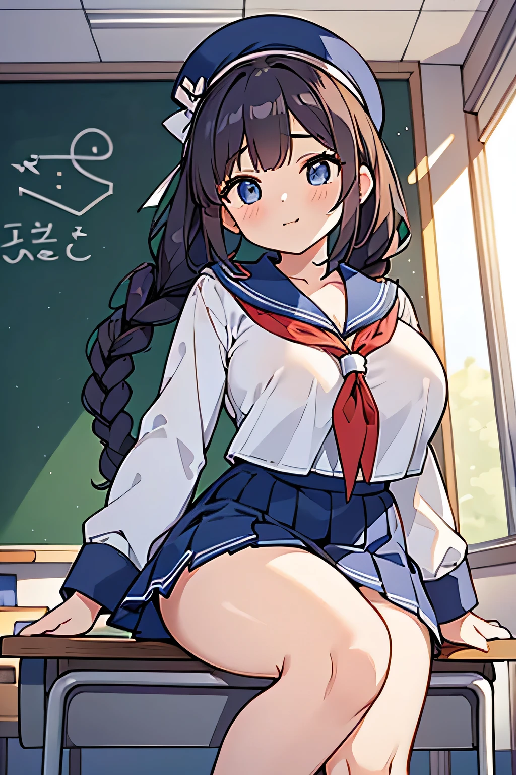 Highest quality、High resolution、Detailed Background、(Beautiful face in every detail:1.4)、Anatomically correct、(Highly detailed face:1.2)、Detailed eyes、age beauty、(Huge breasts:1.2)、Perfect body line、Braided Ponytail、Navy blue sailor suit、White sailor collar、Navy blue pleated skirt、White Stockings、Attractive thighs、Looking at me with a happy expression、Accentuate your breasts、Accentuate your cleavage、
(View from below of sitting at desk in classroom:1.5)、Panty Shot、cute