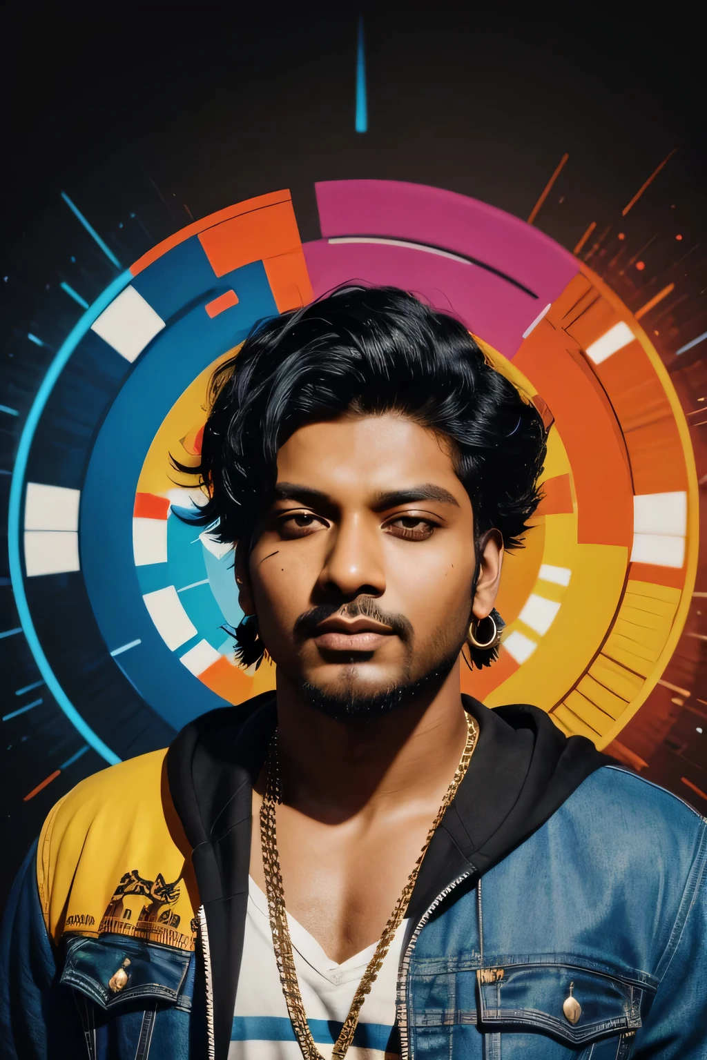 Create a vibrant music art piece ,for a cover song, showcasing the rap artist "Pallav Shrivastava" in a dynamic, graffiti-inspired design. The image features a bold, shades of blue and orange, evoking the energy and intensity of rap music. IK Shalah is depicted in the center, with a confident expression, brown skin tone, and short, black hair. His facial features are strong, with a indian facial feature . The background is a hill area. The title "IK Shalah" is emblazoned in bold, 3D, with a graffiti-style font, across the top of the image. The entire design is framed by a stylized, ornate border, with fragmented sound waves and musical notes integrated into the pattern, paying homage to the rhythm and beat of rap music.