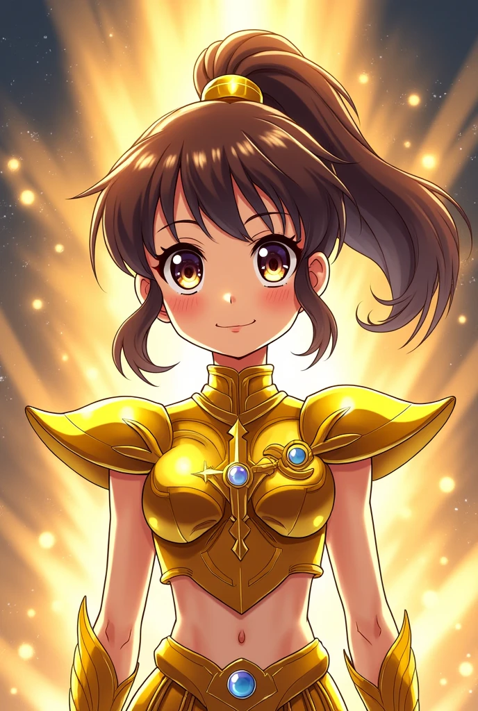 Create a character from the anime boku no hero academia with your drawing style with the following characteristics: A girl with long curly brown hair tied into a high ponytail with side bangs also curly, slightly round eyes, round face, slightly rosy cheeks and a wide smile, clear skin, small in stature, with the golden armor of Ophiuchus of the knights of the zodiac Saint Seiya