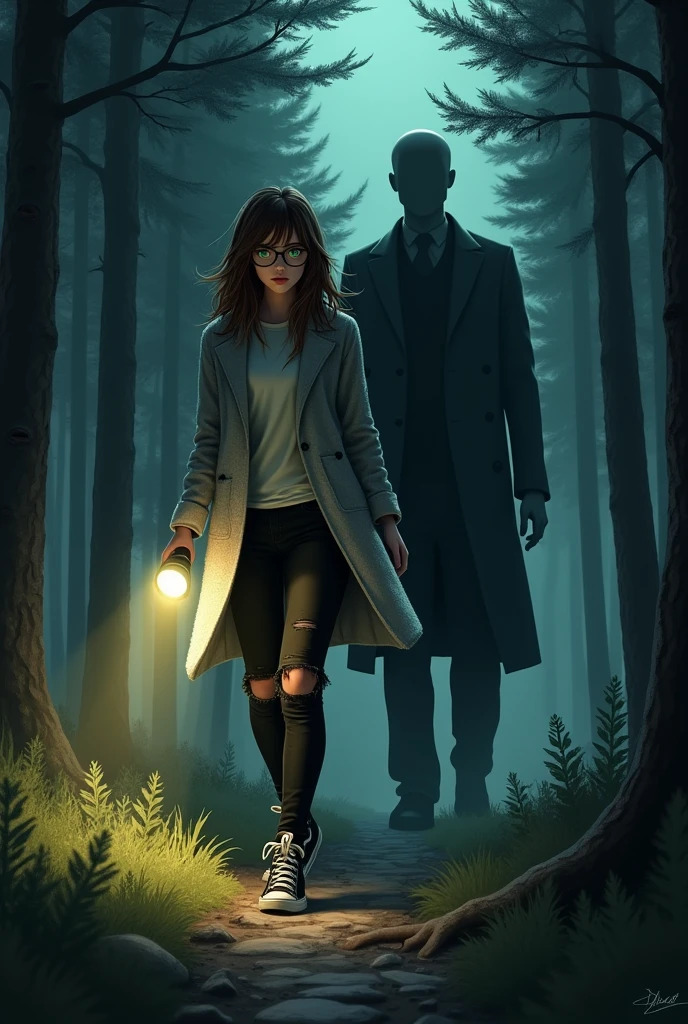 Por favor, create a scary image of a 25 year old with a long gray knitted coat and ripped black pants, black ALL star sneakers, big round glasses and green eyes, she has brown hair without bangs. She has a frightened expression and holds a flashlight as she walks through a pine forest while behind her is a tall, faceless mannequin in a suit with a creepy presence and static on it. 