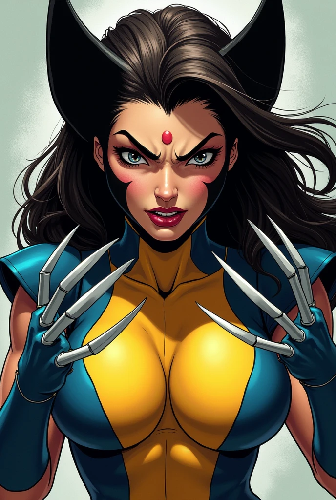 Female wolverine with claws , mad and sad face, yellow and blue suit. Fair looking, dark thick hair, round face, average size dot on the forehead and bit curvy and big.