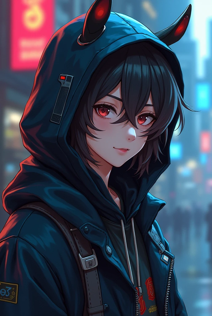 Wavy haired, slightly thick eyebrowed, wheat-skinned anime character who dresses like a hacker with his hood closed ,Male 