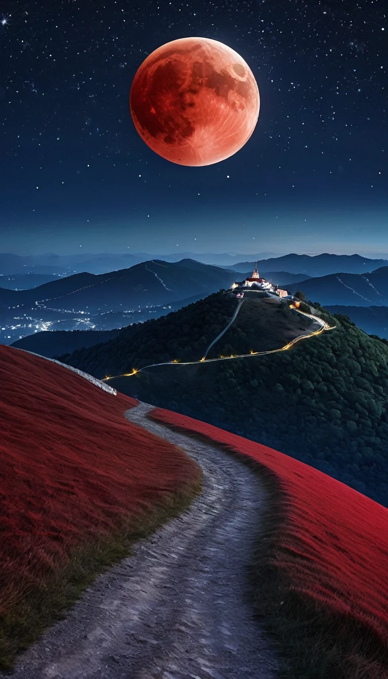((best quality)), ((masterpiece)), (detailed) shot of a hill in the foreground, at night, starry sky, a red blood moon in the sky