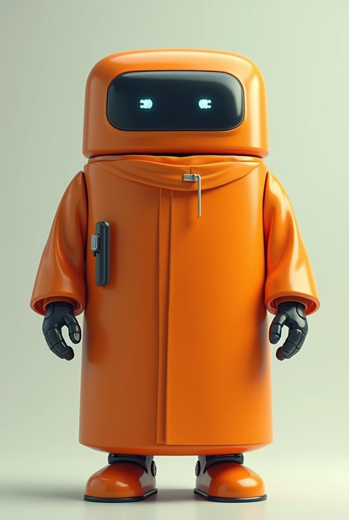 A refrigerator-shaped robot with an orange robe