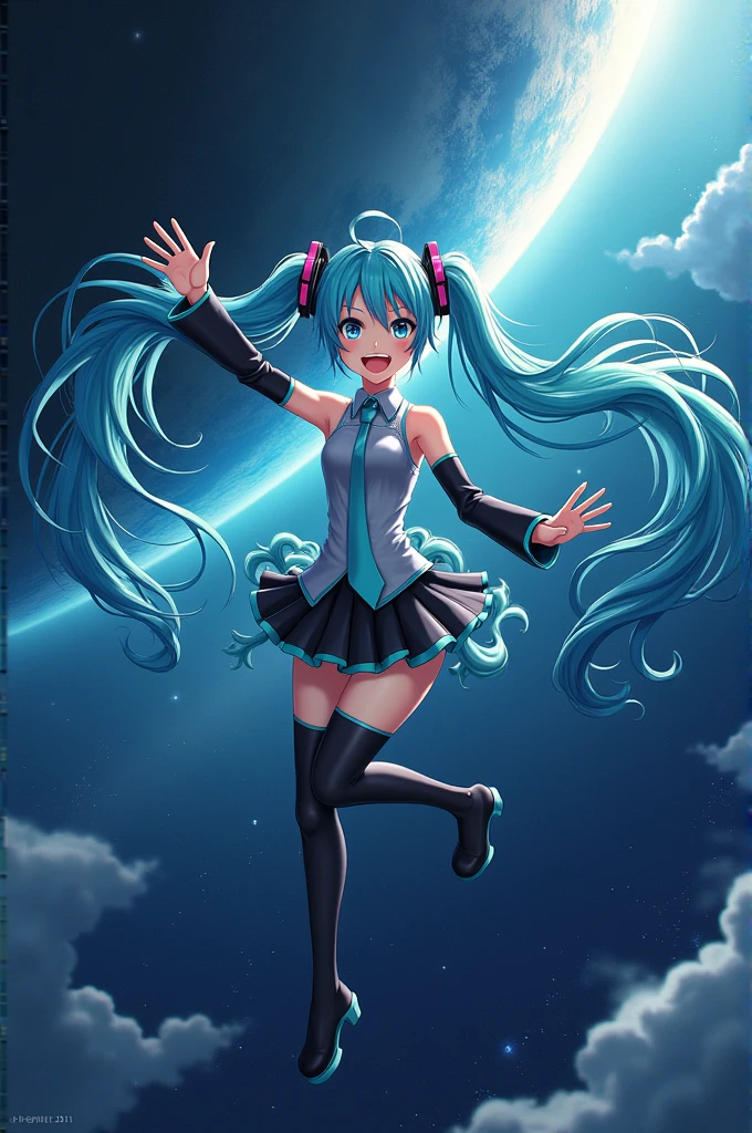 Miku Hatsune in space in the anime version turns the planet earth and waves at the camera