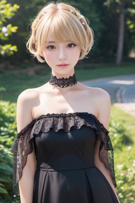 (Highest quality、4K、8k、High resolution、masterpiece:1.2)、Very detailed、(Genuine、Realistic、Realistic:1.3)、Japanese、girl、blonde、Pixie Cut、strapless dress、Black choker、Full body photo