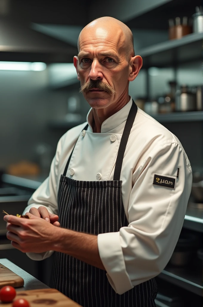 Creates a 55-year-old hairless chef with a moustache 