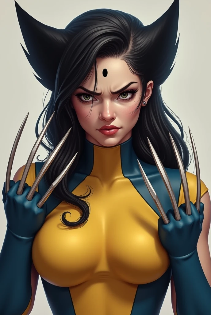 Realiztic Female wolverine with claws , mad and sad face, yellow and blue suit. Fair looking, dark thick hair, round face, average size dot on the forehead and bit curvy and big. 