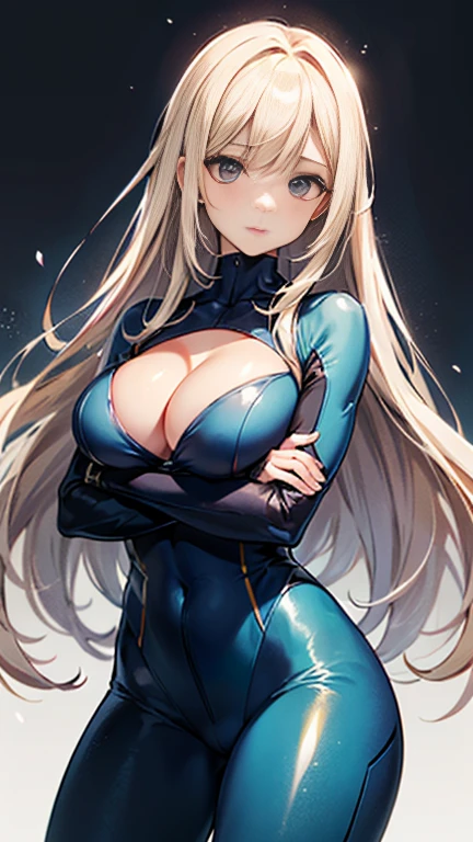 Beauty,Around 20 years old,
Blonde,
(Black Eyes),
(Semi-long hair:1.7),
(expression:Puzzled),
Squat,
Place your arms on your thighs,
Big Breasts,Cleavage,
((Zero Suit:Shiny:Sunlight from the center)),
(Plain background:grey,1.5),
4K,
high quality,
Highest quality,
Delicate shades,
Detailed depiction,
Depict the whole,
Facial Contour,
Perfect body structure,
Perfect skeleton,
Perfectly symmetrical eyes,