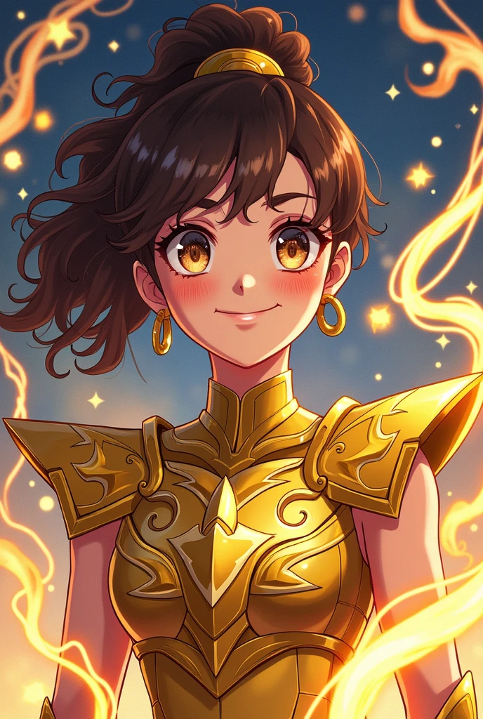 Create a character from the anime boku no hero academia with your drawing style with the following characteristics: A girl with long curly brown hair tied into a high ponytail with side bangs also curly, slightly round eyes, round face, slightly rosy cheeks and a wide smile, clear skin, small in stature, with the golden armor of Ophiuchus of the knights of the zodiac Saint Seiya