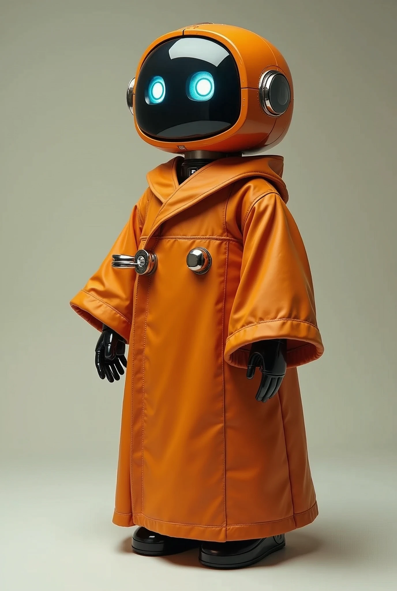 A refrigerator-shaped robot with an orange robe