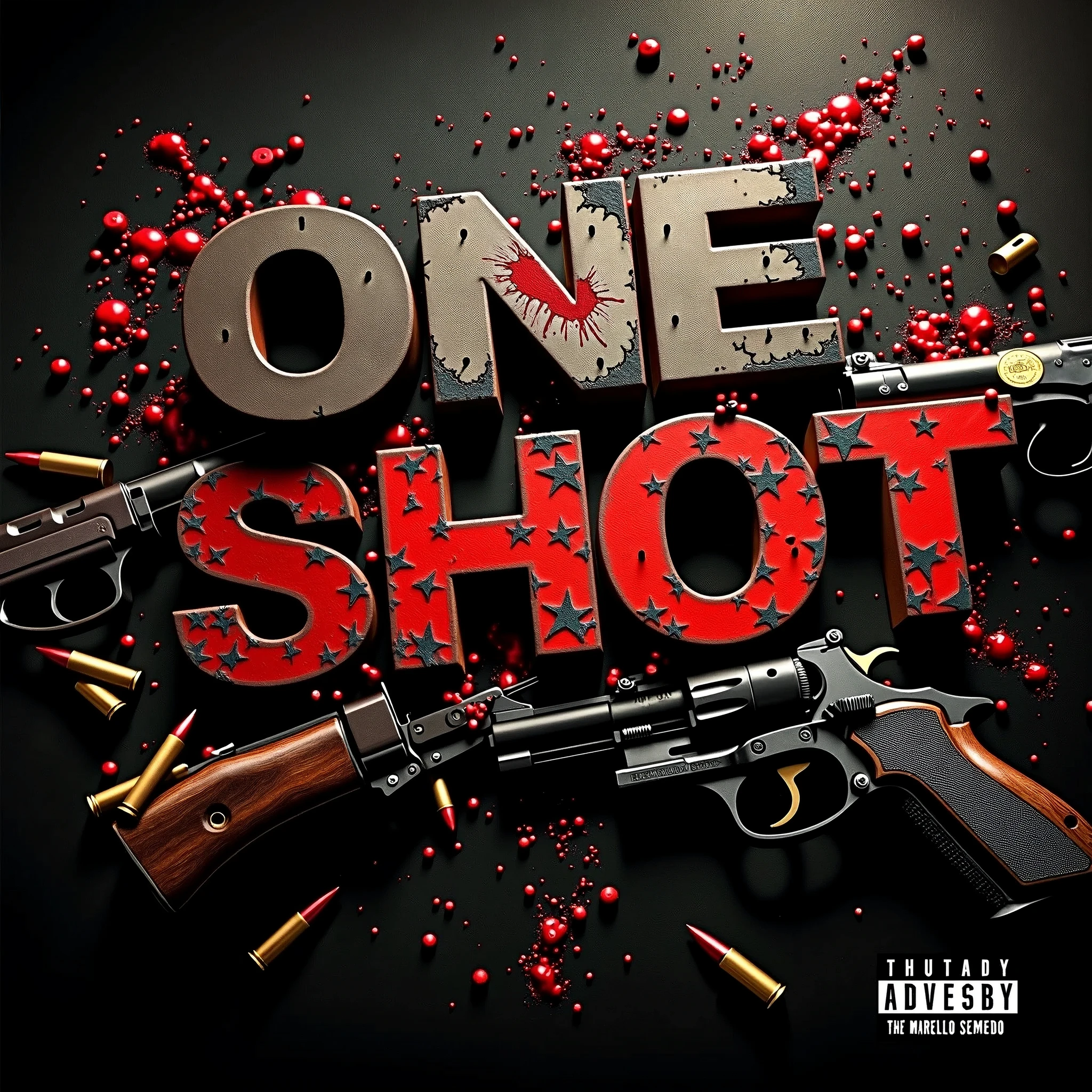 Creating an extremely aggressive digital music cover, with an intense and dark atmosphere. The cover must feature realistic and detailed firearms, with visible shots, capturing the exact moment bullets leave the guns. Explosion and spark effects should be vivid and dramatic, occupying a large part of the image. The background must be dark, with metallic tones and rustic textures to intensify the feeling of danger and intensity. The title of the song, ‘One Shot’, must be displayed in large, striking letters, with a typography that refers to violence and energy, perhaps with shattering or cracking effects. The name of the artist, 'Marcelo Semedo', should appear in a corner, in a slightly smaller font, but still strong and striking, to complement the title. The color palette should include black, Red blood, and metallic gray tones.