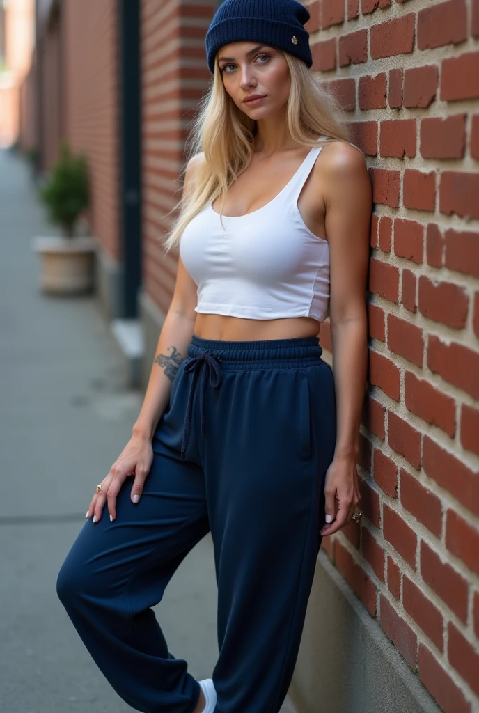 ((Masterpiece artwork, top-quality, high resolution, highy detailed)), (huge stunning photo of goddess, very sensual hot and sexy, Beauty to die for, proporções com curves e carne, "hot woman"), 1 girl named Jocelyn, german, blonde, shy, stopped in an alley, supporting himself with his hands in front of a brick wall, casually dressed, (wearing a navy blue beanie style hat, sleeveless white tshirt, navy blue loose sweatpants, and white modern sneakers and (mic)), (side view from below: at an angle of 120° (degrees)), beautiful light brown eyes, sensual mouth, the symmetry of your face is perfect and delicate, showing the deep details of your skin, your body is "fleshy" and with "curves", (thin waist and flat stomach), (wide voluminous hips), (thick and voluminous thighs "legs with muscles"), ((extremely large and perky butt, voluminous and round)), beautiful medium breasts, perfect hands with all perfect fingers, Extremely beautiful, full body view, image ultra realistic, vibrant and clear, dynamic view with perfect symmetry,, high level of detail and definition, 1200 PPI - Photographic resolution with greater color realism, hyperrealisti, high fidelity, cinematic, 8K UHD image resolution.
