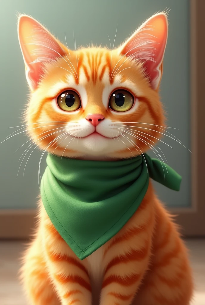 Orange cat with a green bandana around its neck 
