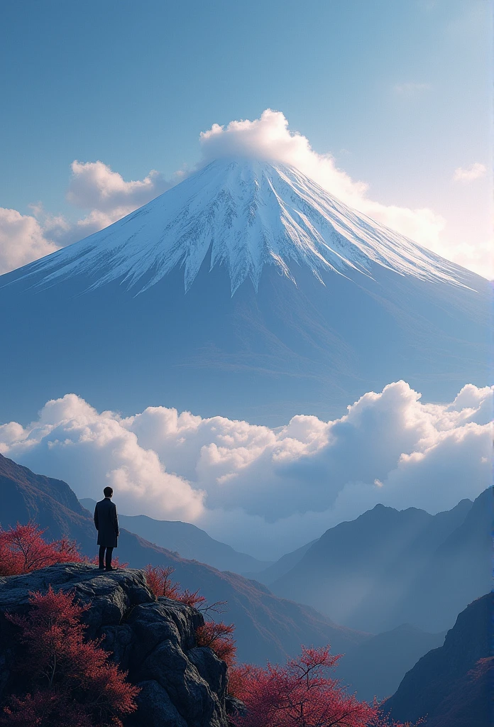 Fuji Mountain, Honshu, (figure: 1.0), A magnificent composition, Realistic lighting, High-resolution details, masterpiece, Highest quality, (Highly detailed CG synthesis 8k wallpaper), 1 person