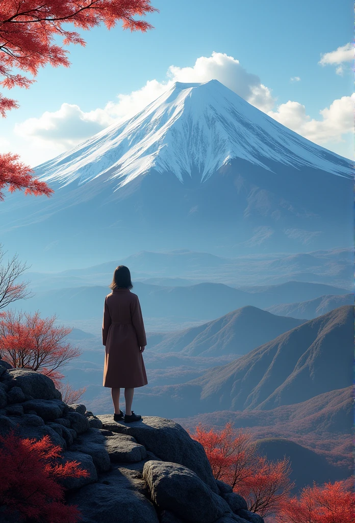 Fuji Mountain, Honshu, (figure: 1.0), A magnificent composition, Realistic lighting, High-resolution details, masterpiece, Highest quality, (Highly detailed CG synthesis 8k wallpaper), 1 person