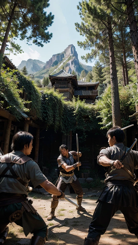 masterpiece, Very detailed, ultra realistic, detailed background, bright lighting, natural lighting,, (swordsman fighting bandits in a square surrounded by forests), (mountain refuge), (wide angle),