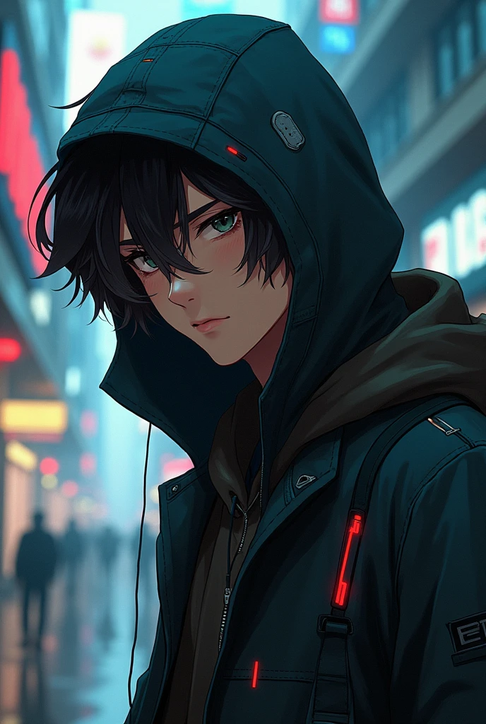 Wavy haired, slightly thick eyebrowed, wheat-skinned anime character who dresses like a hacker with his hood closed ,men short hair