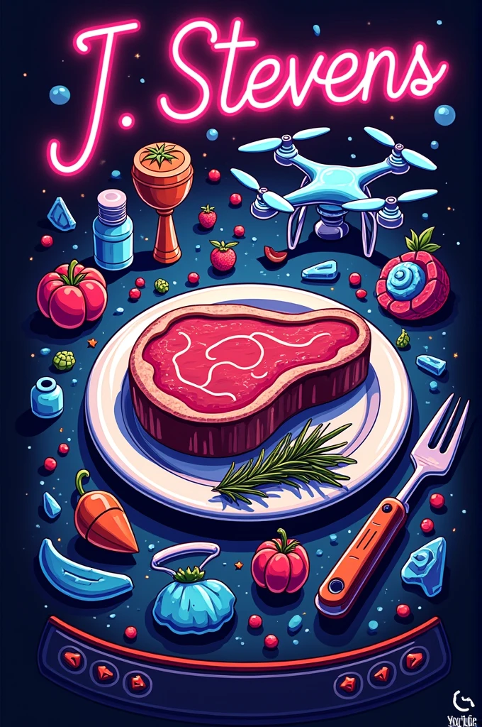 a vibrant and colorful graphic, likely representing a YouTube channel or brand called "J. Stevens." The design is filled with various neon-like illustrations, including a steak on a plate, drones, tools, and other objects, possibly symbolizing different themes or interests associated with the brand. The bottom part of the image includes a mockup of a YouTube video title and user interface elements, which reinforces the connection to a YouTube channel.

Is this image related to your content creation, or would you like further analysis or assistance with it?