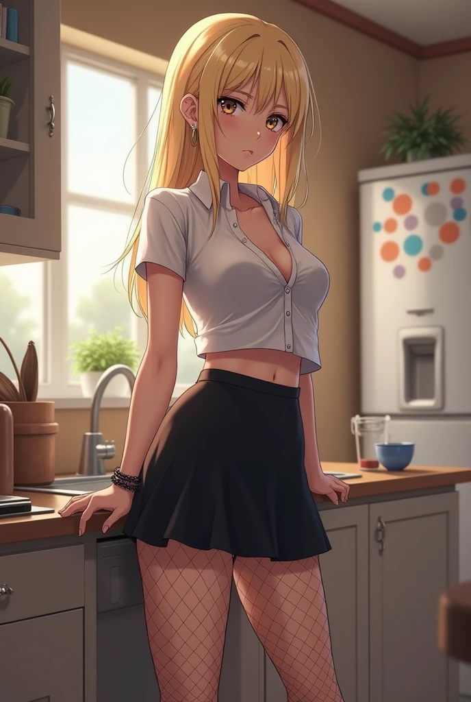 anime style image of a 35 year old mature girl, that she is dressed in a short black skirt, a short shirt with a low neckline, long fishnet stockings, light blonde hair, dark skin and long hair, that is in the kitchen