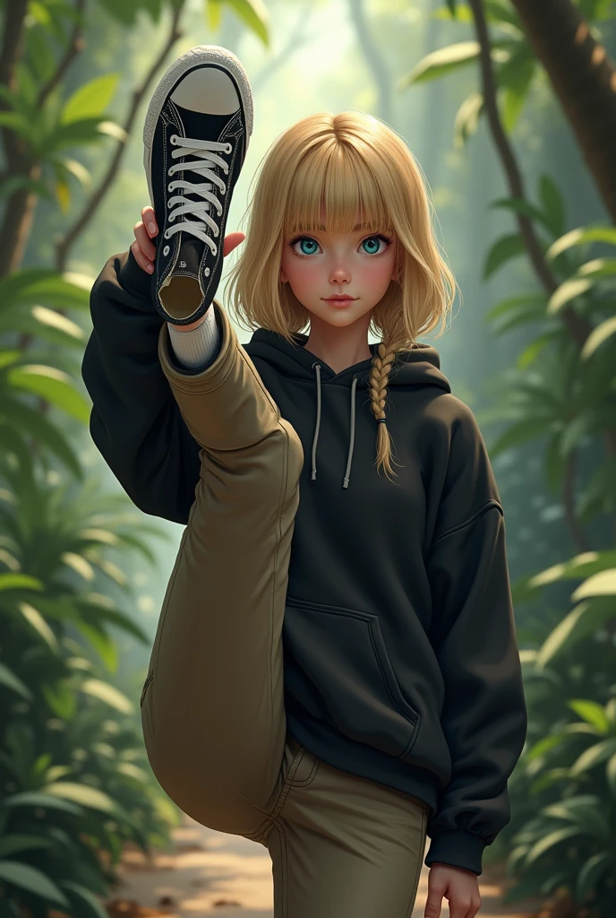 Realistic high school white girl, blonde hair, blue eyes, tight khaki pants, black high top converse shoes, black hoodie, white socks, jungle background, both legs in the air, camera focusing on her shoe soles. 