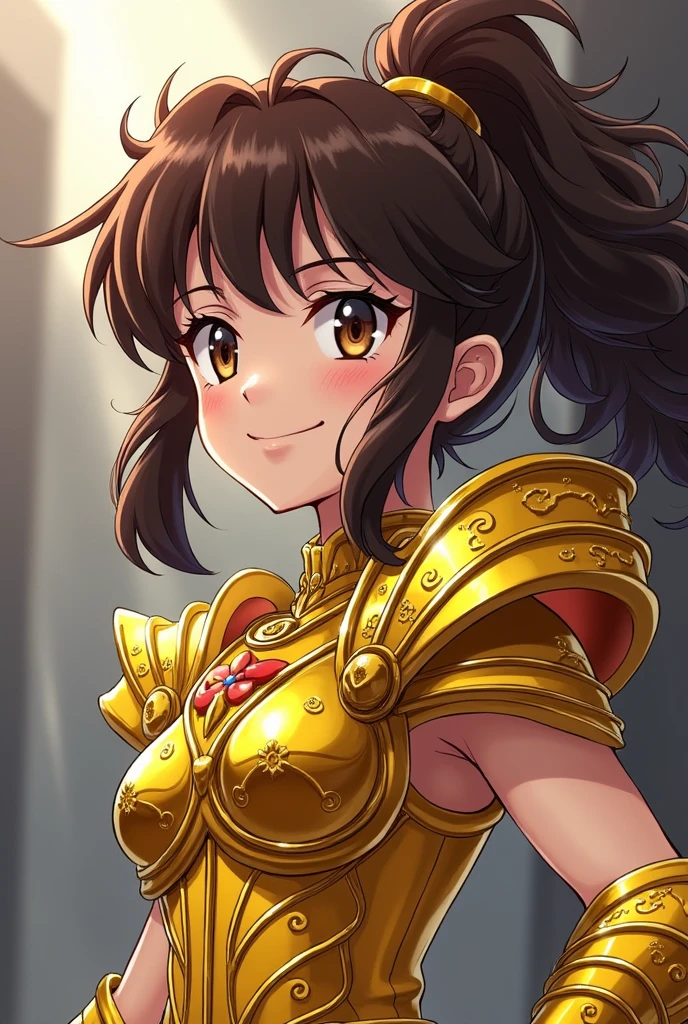 Create a character from the anime boku no hero academia with your drawing style with the following characteristics: A girl with long curly brown hair tied into a high ponytail with side bangs also curly, slightly round eyes, round face, slightly rosy cheeks and a wide smile, clear skin, small in stature, with the golden armor of Ophiuchus of the knights of the zodiac Saint Seiya