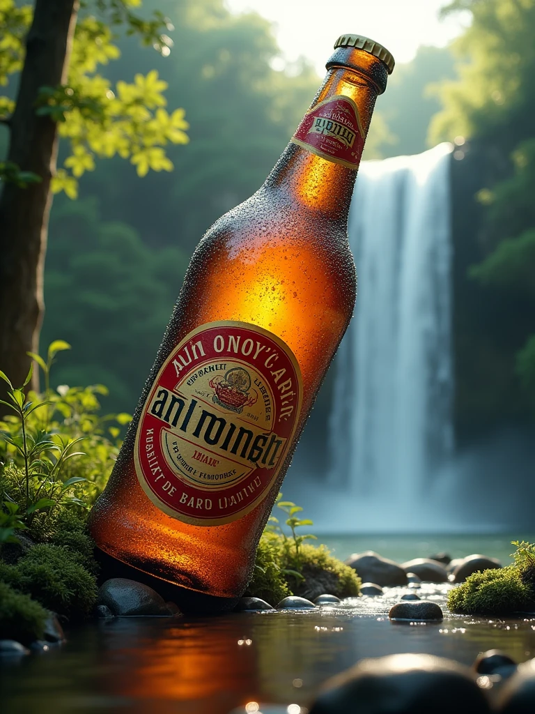 a giant bottle of beer with the affonso's artes label leaning against a forest next to a waterfall drops of sweat running down the bottle