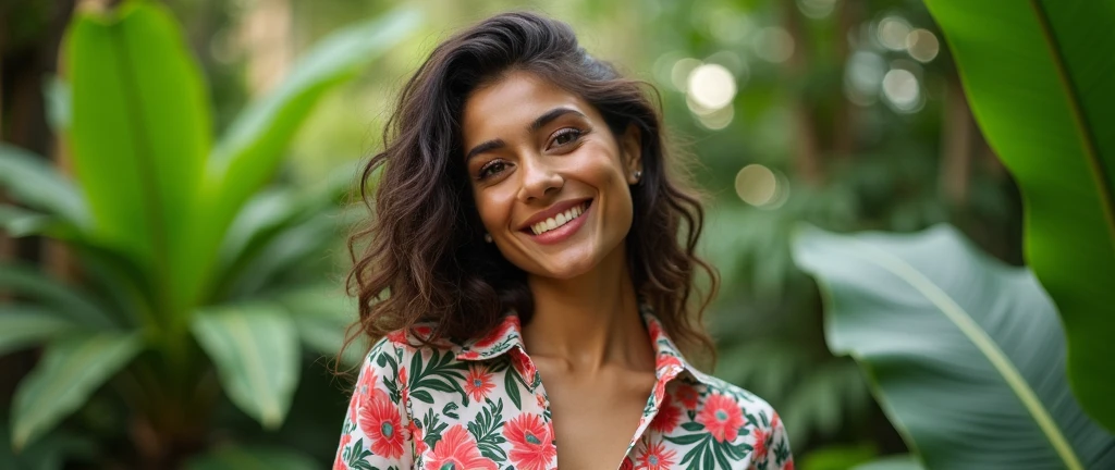 A Brazilian woman in a lush tropical garden, wearing a floral print shirt, with a close-up capturing the harmonious beauty and natural flowers, showing off your natural charm and outgoing personality.