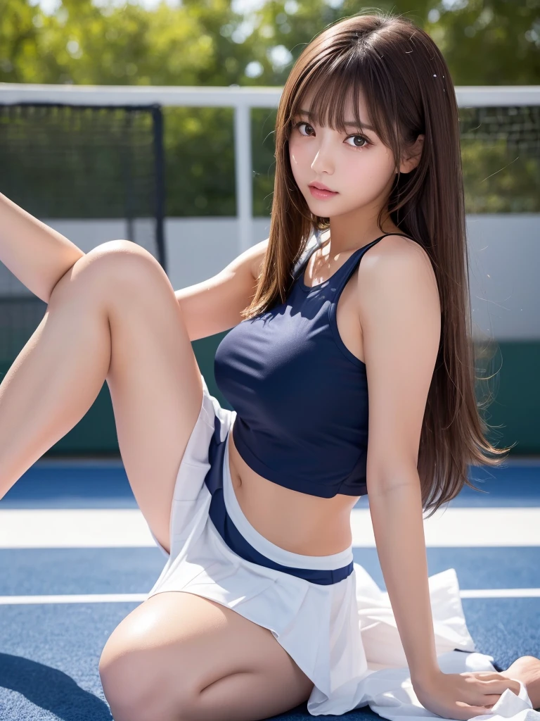Product quality,1 girl,Cowboy Shot,Front view,Thigh Emphasis,(Knee-deep shots:1.3),Young and sexy Japanese girl,18-year-old,Tennis court,Wearing stylish blue tennis wear,(White ultra short micro pleated mini skirt),wear,No underwear,((Small Head,face:0.4))超かわいいface,赤ちゃんのface,Glossy Lips,Big eyes,Double eyelids on both eyes,(Natural Makeup),Brown eyes,Small and cute nose,shiny smooth light brown hair with long hair,,Asymmetrical bangs,Center image,8k resolution,Attention to detail,Detailed hairstyle,詳細なface,Cinema Lighting,Octane Rendering,Ultra-realistic,Perfect limbs,Voluptuous thighs,Huge breasts, Soft Skin,(Glowing Skin, Sweaty: 1.3), Spread your legs,Provocative dynamic pose,Skirt flip,Bite line,(Beautiful pussy line:1.3)