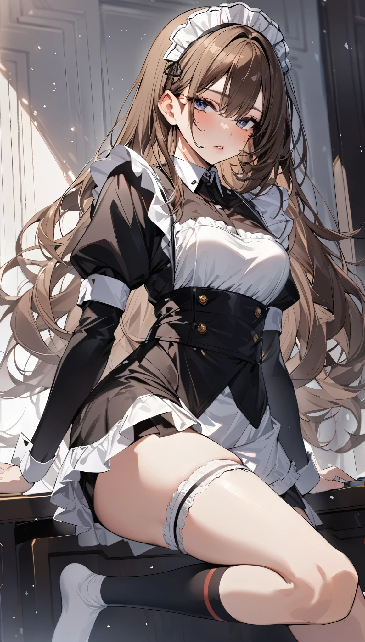 Highest quality:1.5,maid,Leg Up Socks,Absolute area,Natural Lip,Cold look,Brown hair semi-long hair