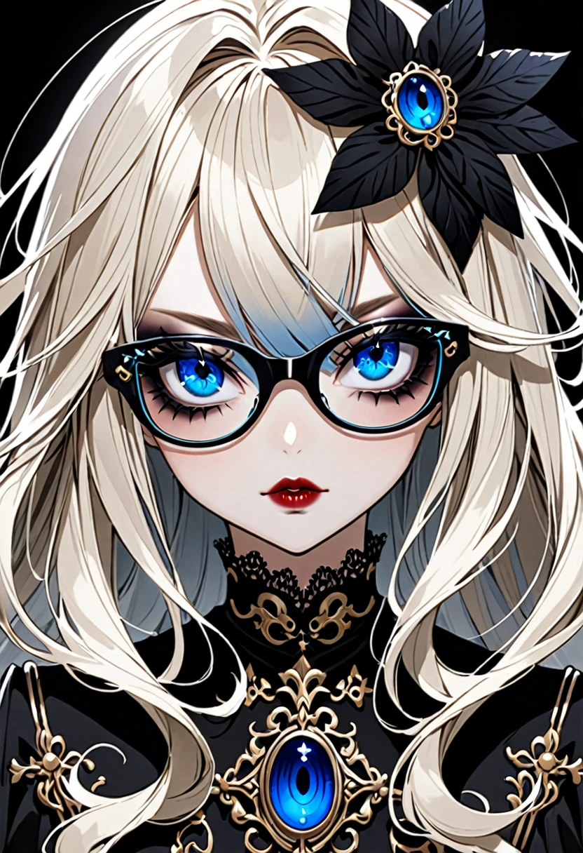  blonde grand yeux bleues a lunettes, gothique , maquillage noir 

