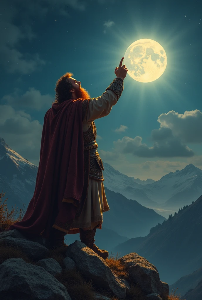 iron age man with beautiful brown hair with red beard, praying to the lord on a mountain under the moonlight with hands pointing to the heavens crying out to the lord and his name is king david