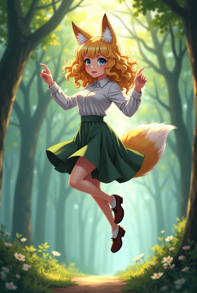 woman with golden curly hair, blue eyes, white fox ears, in a shirt, silk skirt and stockings, veniz shoes, with fox syrup , jumping in the air in a forest in anime