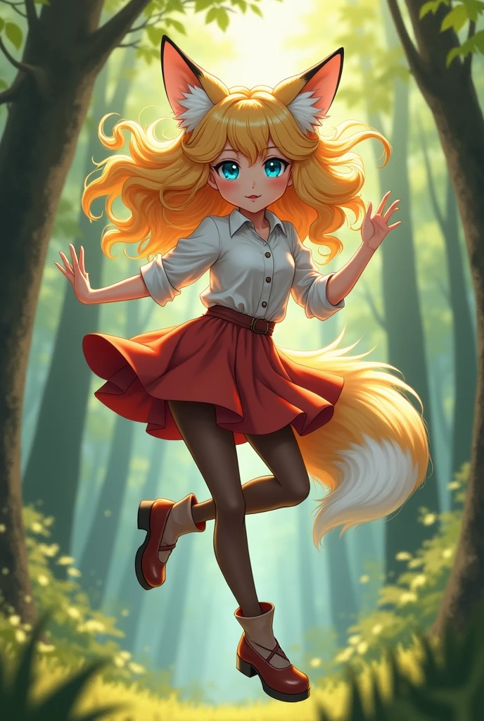 woman with golden curly hair, blue eyes, white fox ears, in a shirt, silk skirt and stockings, veniz shoes, with fox syrup , jumping in the air in a forest in anime