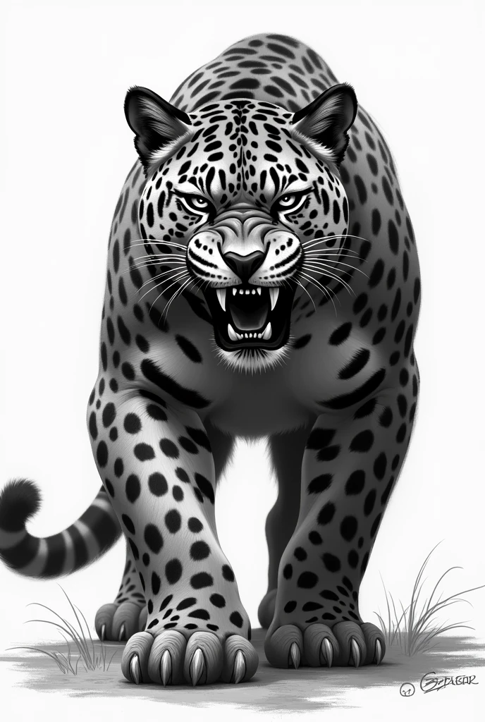 jaguar looking forward with fury face in black and white drawing