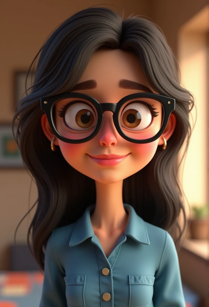 Cartoon character of a woman in black glasses and blue shirt, animation character, stylized character, animation style rendering, 3d stylized, Arnold Maya rendering, Stylized 3D rendering, toon render screenshot, 3d character, 3d character, Stylized 3D rendering, 3D character rendering, cartoon character, Personagem de close up, character posing, (Pixar-style) (master part:1.2) (bokeh) (best qualityer) (skin detailed) (detailed texture) (8k) (Argilla) (cinematic lighting) (sharp focus