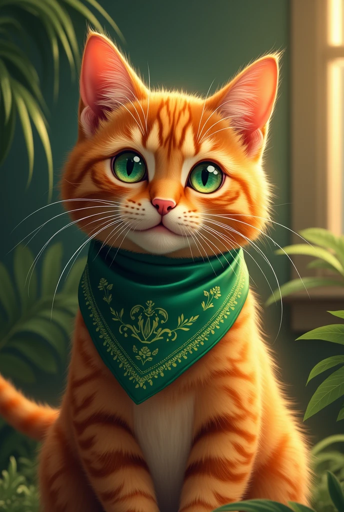 Royal orange cat with green bandana on neck 