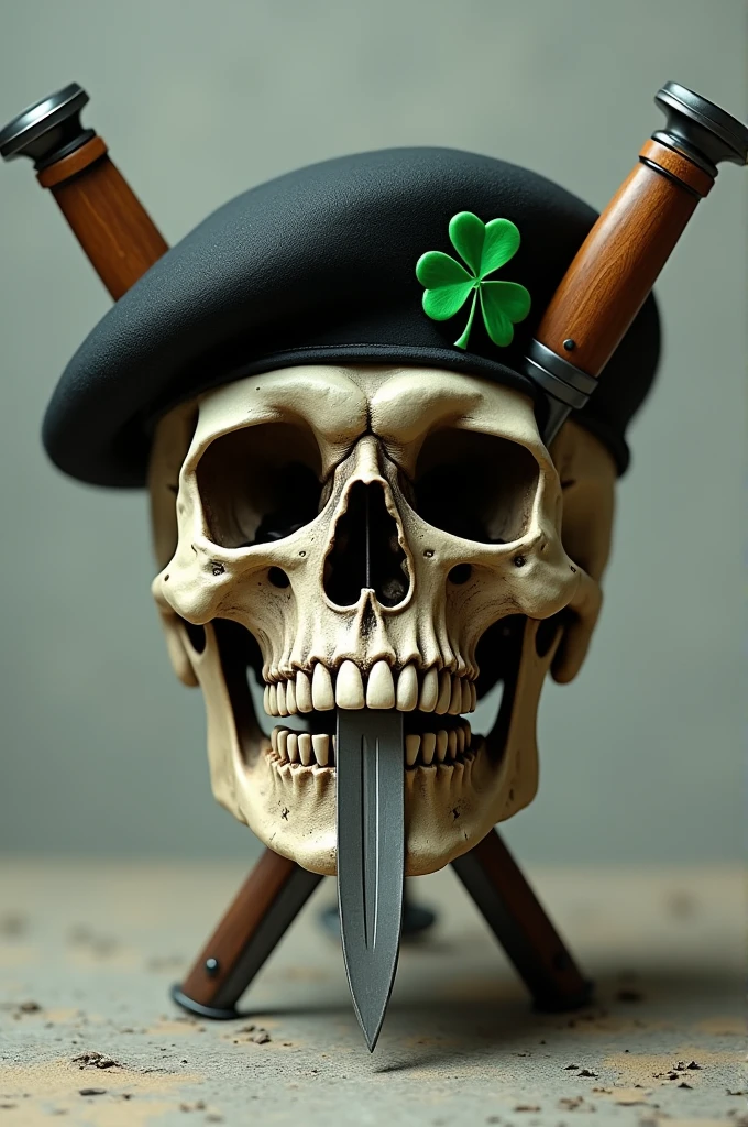 Skull skull wearing a black beret on the beret a green clover, the skull with two rifles through it, and with a knife cutting the middle of the skull