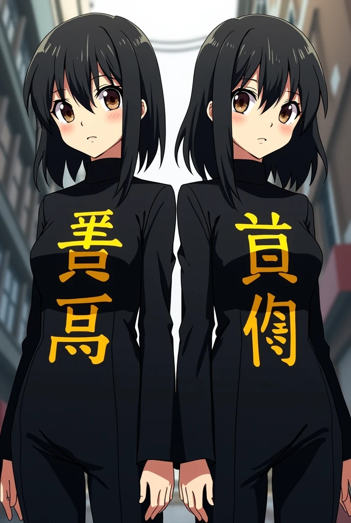 Twin girl and boy with black hair and brown eyes in a black suit with yellow Japanese letters on the chest and long sleeves in the style of an anime called Tokyo Revengers.
