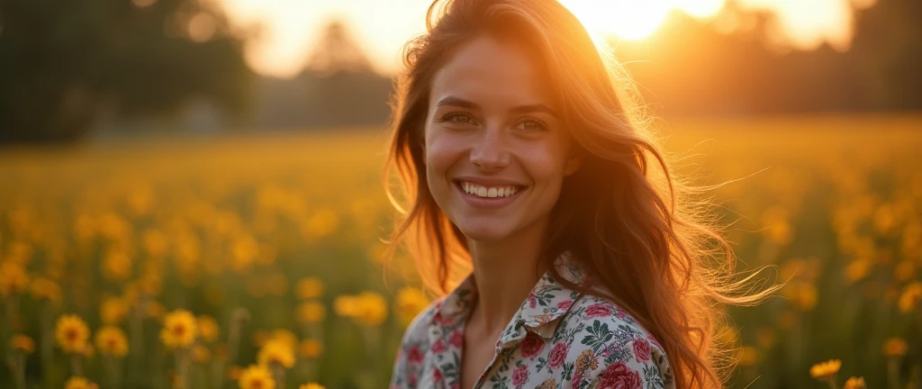 Create a Facebook Cover Image - Visual Elements: 1. Main Scenario: • A field or garden at sunrise or sunset, with soft golden or lilac light radiating. The setting should symbolize new beginnings and enlightenment. 2. Central Figure: • A Brazilian woman in a lush tropical garden, wearing a floral print shirt, with a close-up capturing the harmonious beauty and natural flowers, showing off your natural charm and outgoing personality. • A woman smiling serenely, with a confident and contemplative expression, exploring the environment around you. The figure should suggest introspection and self-discovery. 3. Symbols and Graphics: • Include a discreetly placed Star of David, perhaps at the edge of the image or subtly in the background, to represent Kabbalistic Numerology. • Add elements of numerological diagrams or artistically scattered numbers in the background, suggesting the deep analysis of numerological study. 4. Light Elements: • Use soft, golden lights radiating around the woman, creating a mystical lighting effect. • Add small stars or points of light around the central figure to increase visual appeal. Style and Tone: • Soft and comforting. • Mystical and attractive. • Mix natural light with graphic elements to create a harmonious look.