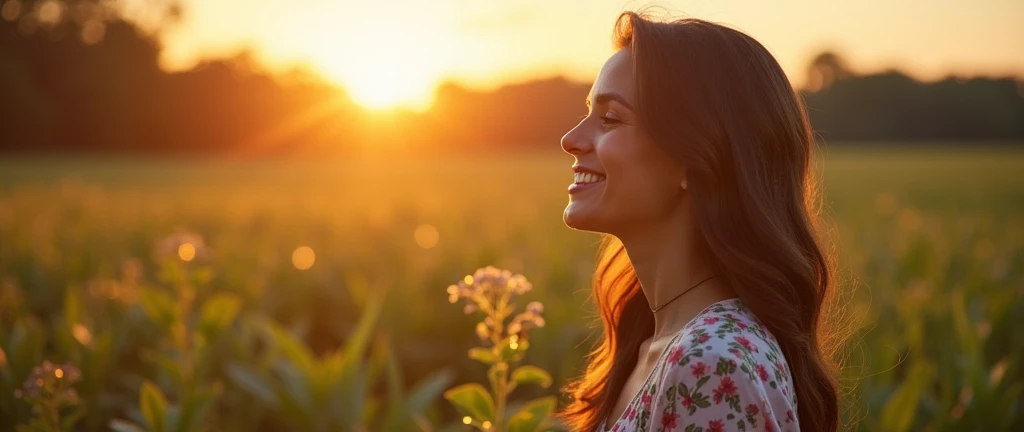 Create a Facebook Cover Image - Visual Elements: 1. Main Scenario: • A field or garden at sunrise or sunset, with soft golden or lilac light radiating. The setting should symbolize new beginnings and enlightenment. 2. Central Figure: • A Brazilian woman in a lush tropical garden, wearing a floral print shirt, with a close-up capturing the harmonious beauty and natural flowers, showing off your natural charm and outgoing personality. • A woman smiling serenely, with a confident and contemplative expression, exploring the environment around you. The figure should suggest introspection and self-discovery. 3. Symbols and Graphics: • Include a discreetly placed Star of David, perhaps at the edge of the image or subtly in the background, to represent Kabbalistic Numerology. • Add elements of numerological diagrams or artistically scattered numbers in the background, suggesting the deep analysis of numerological study. 4. Light Elements: • Use soft, golden lights radiating around the woman, creating a mystical lighting effect. • Add small stars or points of light around the central figure to increase visual appeal. Style and Tone: • Soft and comforting. • Mystical and attractive. • Mix natural light with graphic elements to create a harmonious look.