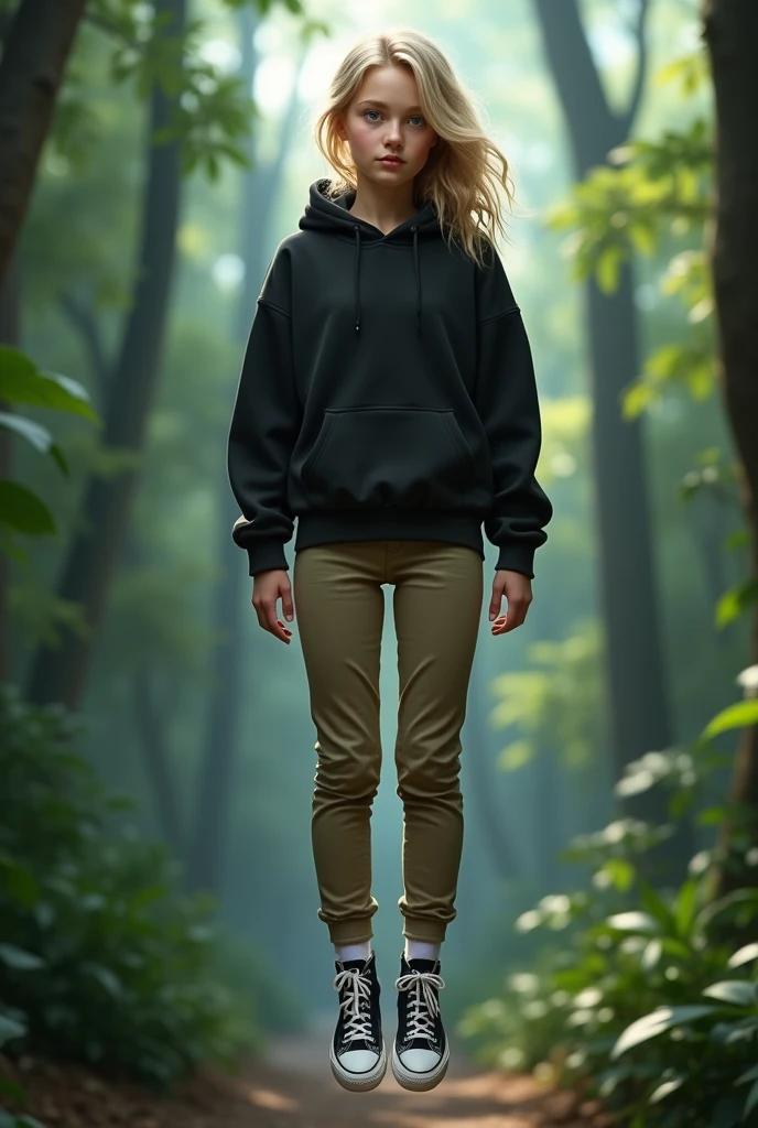 Realistic high school white girl, blonde hair, blue eyes, tight khaki pants, black high top converse shoes, dangling in the air, black hoodie, white socks, jungle background. 