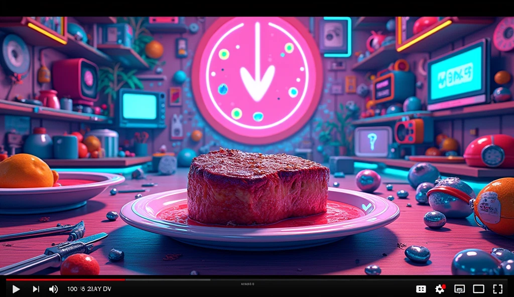 a vibrant and colorful graphic, likely representing a YouTube channel or brand called "J. Stevens." The design is filled with various neon-like illustrations, including a steak on a plate, drones, tools, and other objects, possibly symbolizing different themes or interests associated with the brand. The bottom part of the image includes a mockup of a YouTube video title and user interface elements, which reinforces the connection to a YouTube channel.
Is this image related to your content creation, or would you like further analysis or assistance with it?
