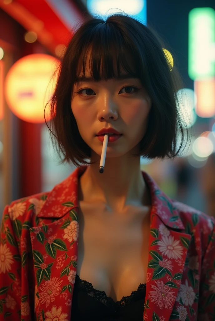 An elegantly dressed Japanese woman、A close-up of her chest and calm expression.、It shows her inner peace and outer charm.。
Smoking a cigarette in a psychedelic city