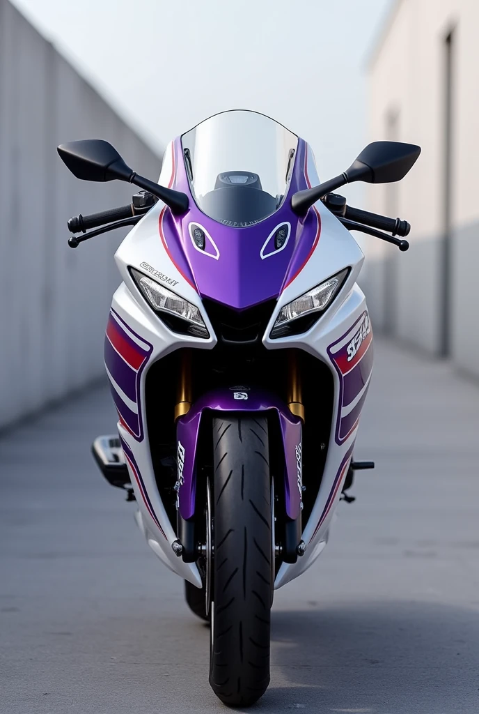 Suzuki GSX 150 motorcycle design in white with purple or lilac fading and purple or lilac stripes