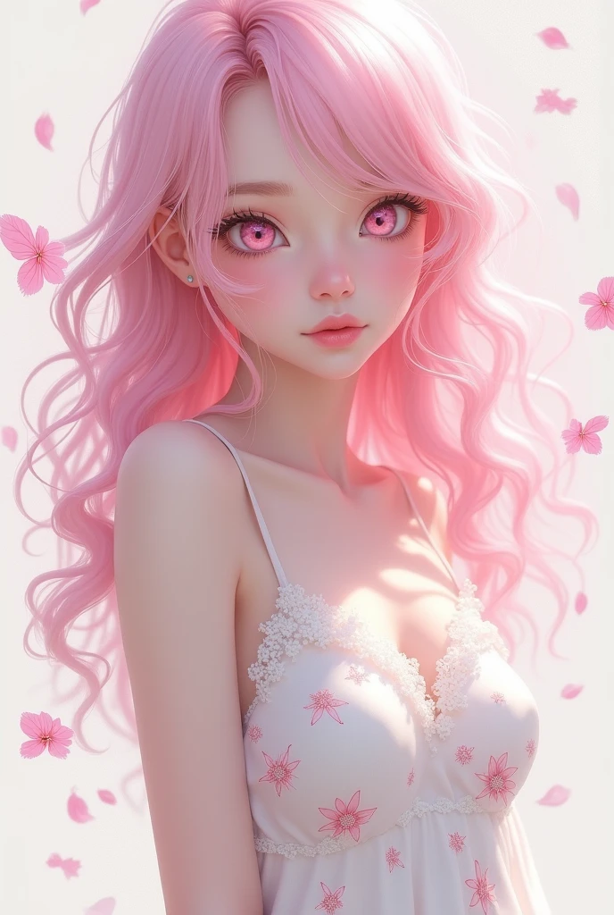 (absurdres, highres, ultra detailed),Light pink hair, pink eyes, pink and white, sakura leafs, vivid colors, white dress, paint splash, simple background, ray tracing, wavy hair, realistic