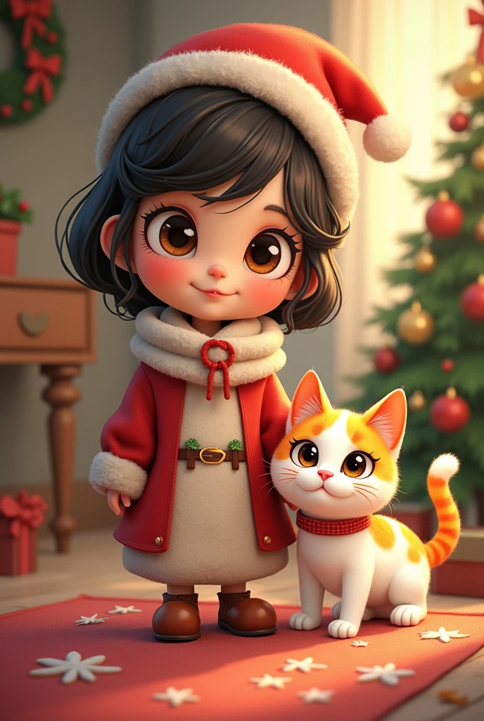 Adult Babie cartoon Christmas style brown eyes and her cat Khao Manee white and yellow patches on his head and tail