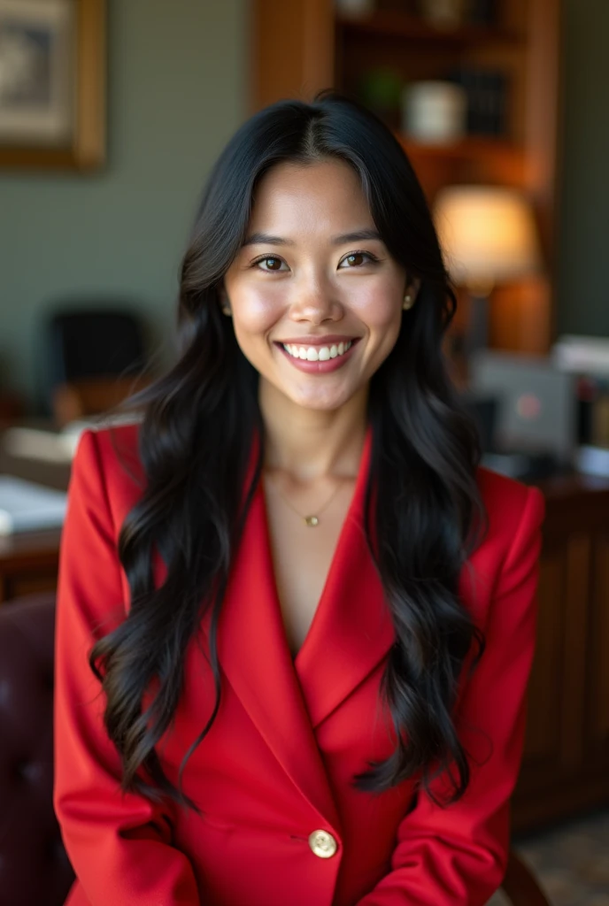 White woman with long straight black hair, clear green eyes, British Thai Half, aged 20, wearing red and elegant, is smiling for a photo in his office
