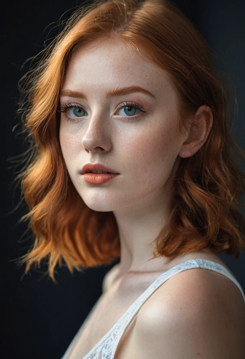Photoshooting, 15 y.o. girl, ginger hair,very very skinny girl with a tank top and short skirt, summer outfit,braless,wide shot a beautiful girl, (modern photo), ( off-top ),((plain background orange)), 85mm, (analog, cinematic, film grain:1.3),at detailed studio portrait photography, 1girl, beautiful detailed eyes, beautiful detailed lips, extremely detailed face and skin, long eyelashes, studio lighting, professional lighting, high contrast, dramatic lighting, dramatic shadows, dramatic pose, elegant dress, flawless skin, porcelain skin, photorealistic, realistic, 8k, best quality, masterpiece